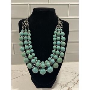 Chunky Turquoise Crackle Bead Triple Strand Statement Bib Necklace Silver Tone